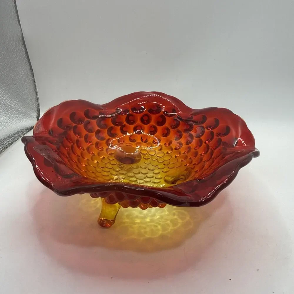 Vintage Fenton Art Glass AMBERINA Hobnail Footed Dish Bowl 6.5” in Red Orange *